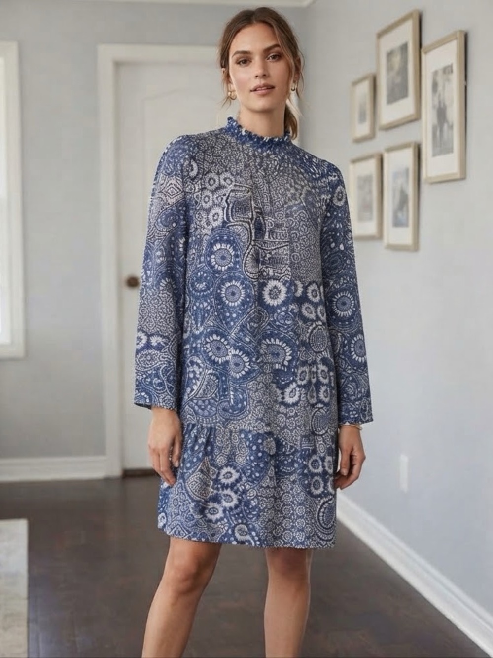 H&M Long Sleeve Flowy Navy Paisley Dress